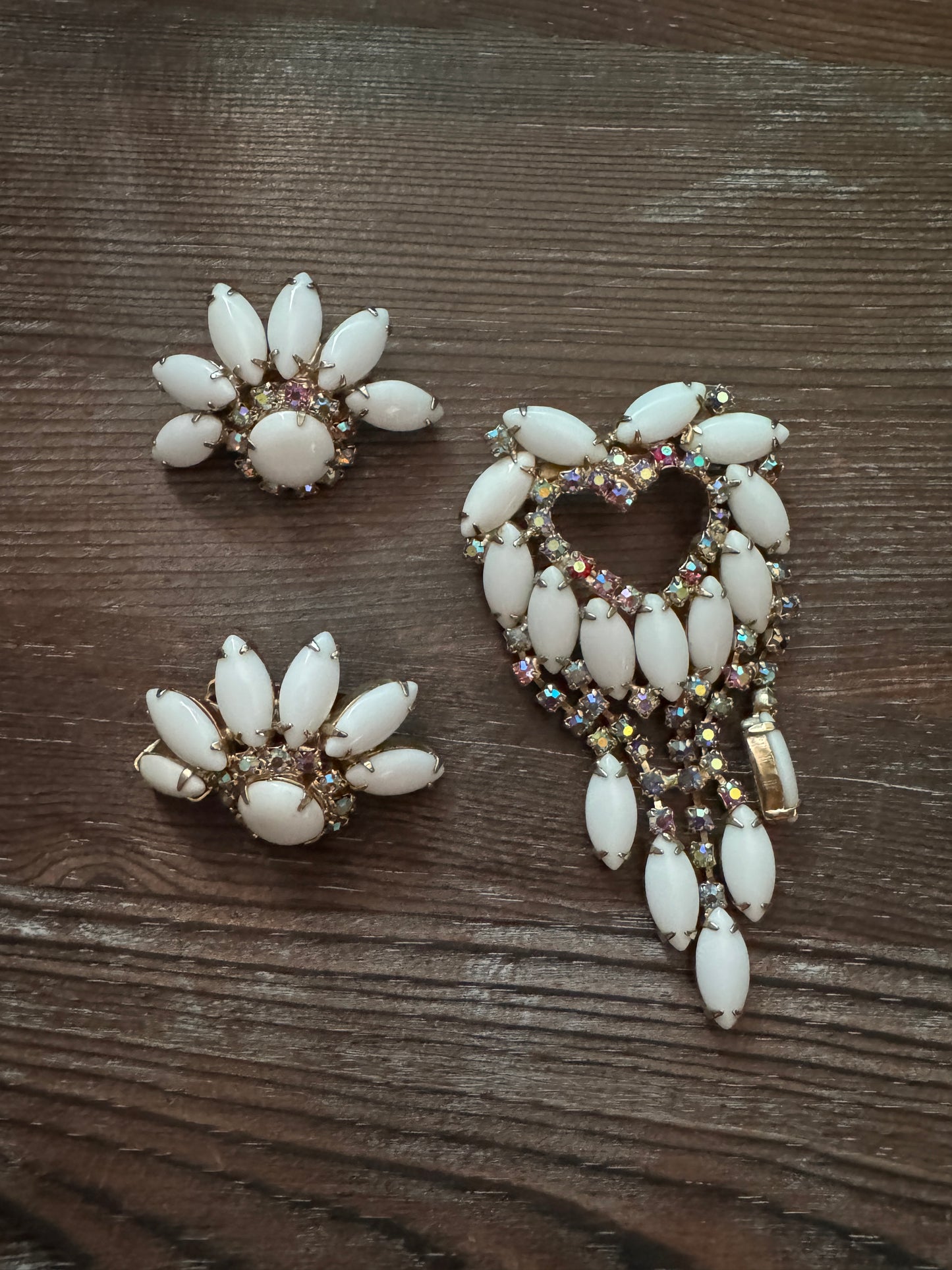 Vintage Milk Glass Open Heart Brooch + Earrings