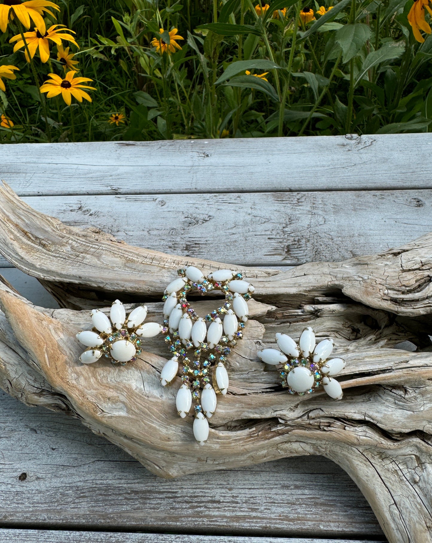 Vintage Milk Glass Open Heart Brooch + Earrings