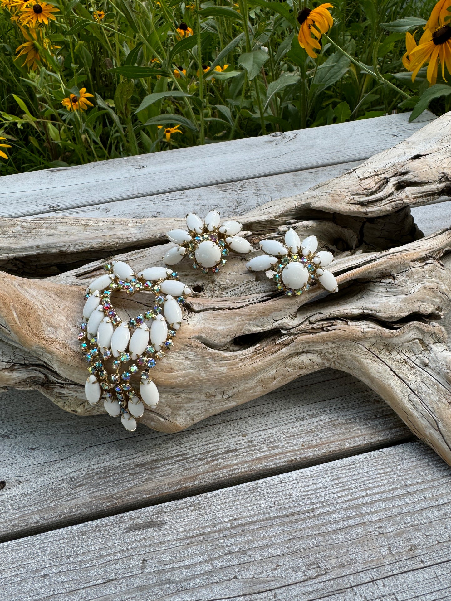 Vintage Milk Glass Open Heart Brooch + Earrings