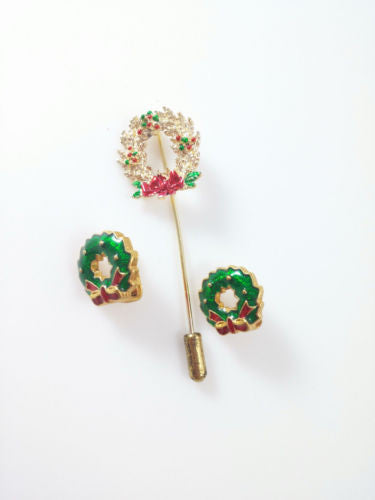 Vintage Christmas Set Wreath Brooch / Lapel Pin and Clip Earrings Holiday - Dirty 30 Vintage