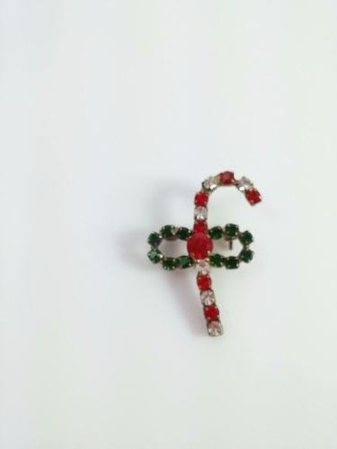 Vintage Brooch Red Green Rhinestone Candy Cane Holiday Christmas Pin - Dirty 30 Vintage