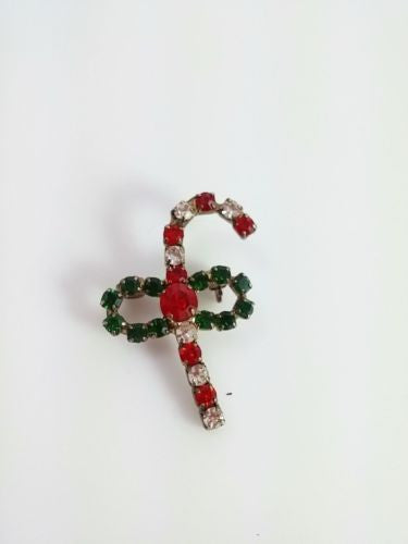 Vintage Brooch Red Green Rhinestone Candy Cane Holiday Christmas Pin - Dirty 30 Vintage