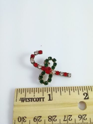 Vintage Brooch Red Green Rhinestone Candy Cane Holiday Christmas Pin - Dirty 30 Vintage