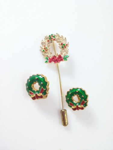 Vintage Christmas Set Wreath Brooch / Lapel Pin and Clip Earrings Holiday - Dirty 30 Vintage