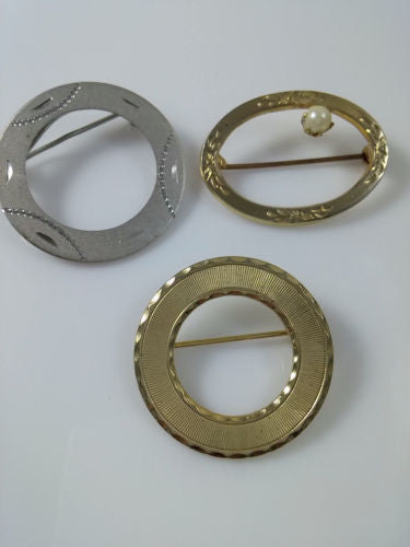 Vintage Circle Brooch Set of 3 Gold Silver Tone Faux Pearl Accent - Dirty 30 Vintage