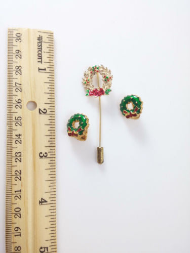 Vintage Christmas Set Wreath Brooch / Lapel Pin and Clip Earrings Holiday - Dirty 30 Vintage