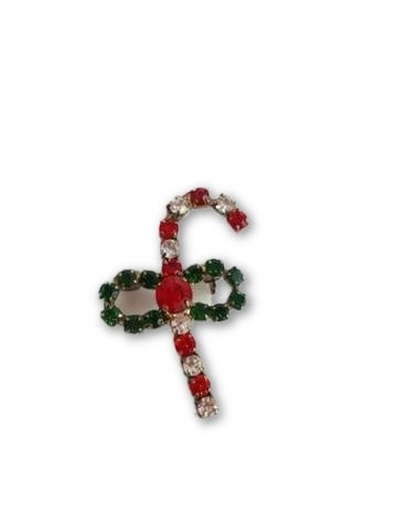 Vintage Brooch Red Green Rhinestone Candy Cane Holiday Christmas Pin