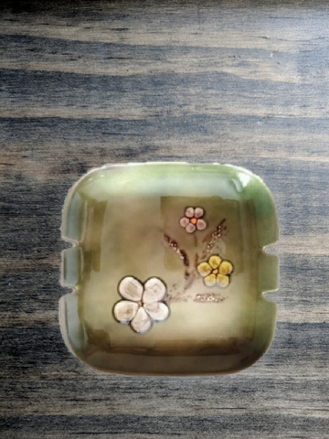 Vintage Bovano Ash Tray Enamel on Copper Mid Century Modern Ashtray Green w/ Flowers Square