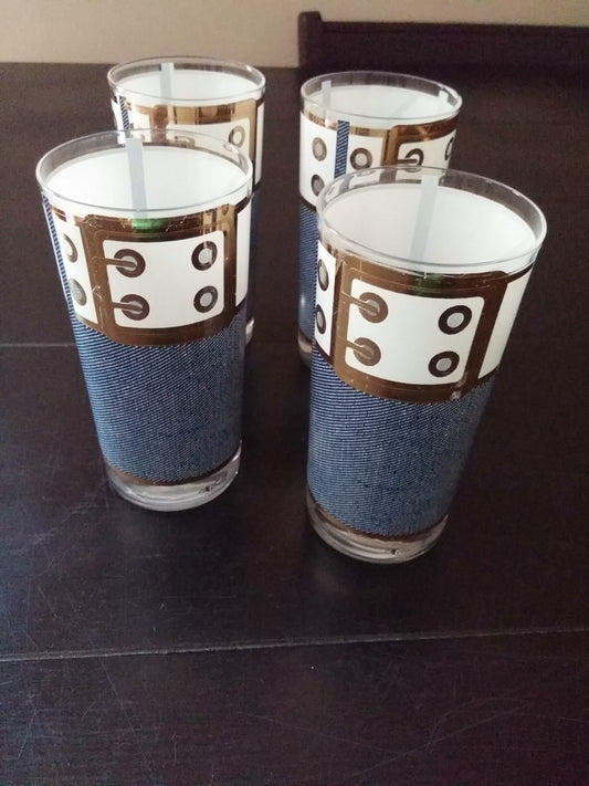 Vintage Set of 4 Cera 1960s Tall Boy Denim Tumbler Glasses w/ White Wide Belt - Dirty 30 Vintage | Vintage Clothing, Vintage Jewelry, Vintage Accessories