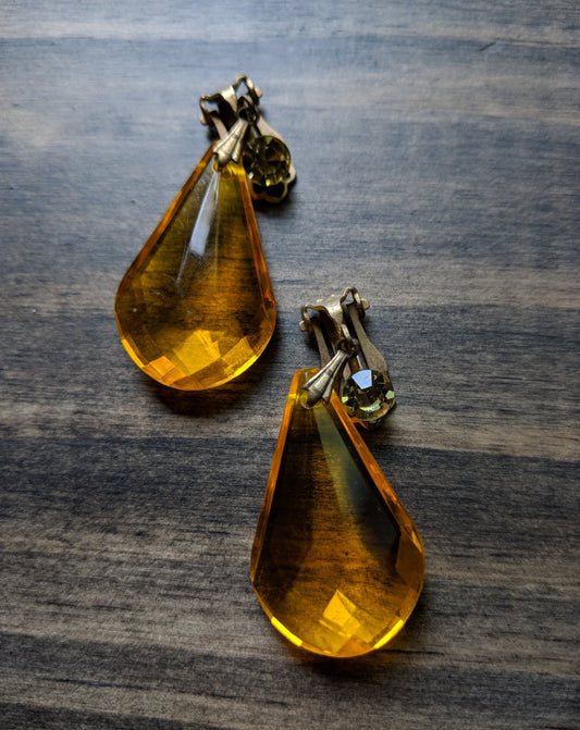 Vintage Drop Earrings - Citrine Color w/ Rhinestone Accent