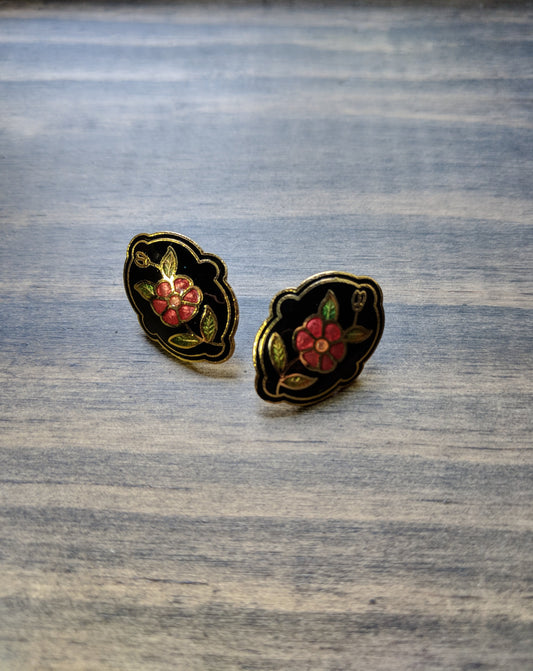 Vintage Damascene Earrings Black Pink Flower Pierced Gold Tone