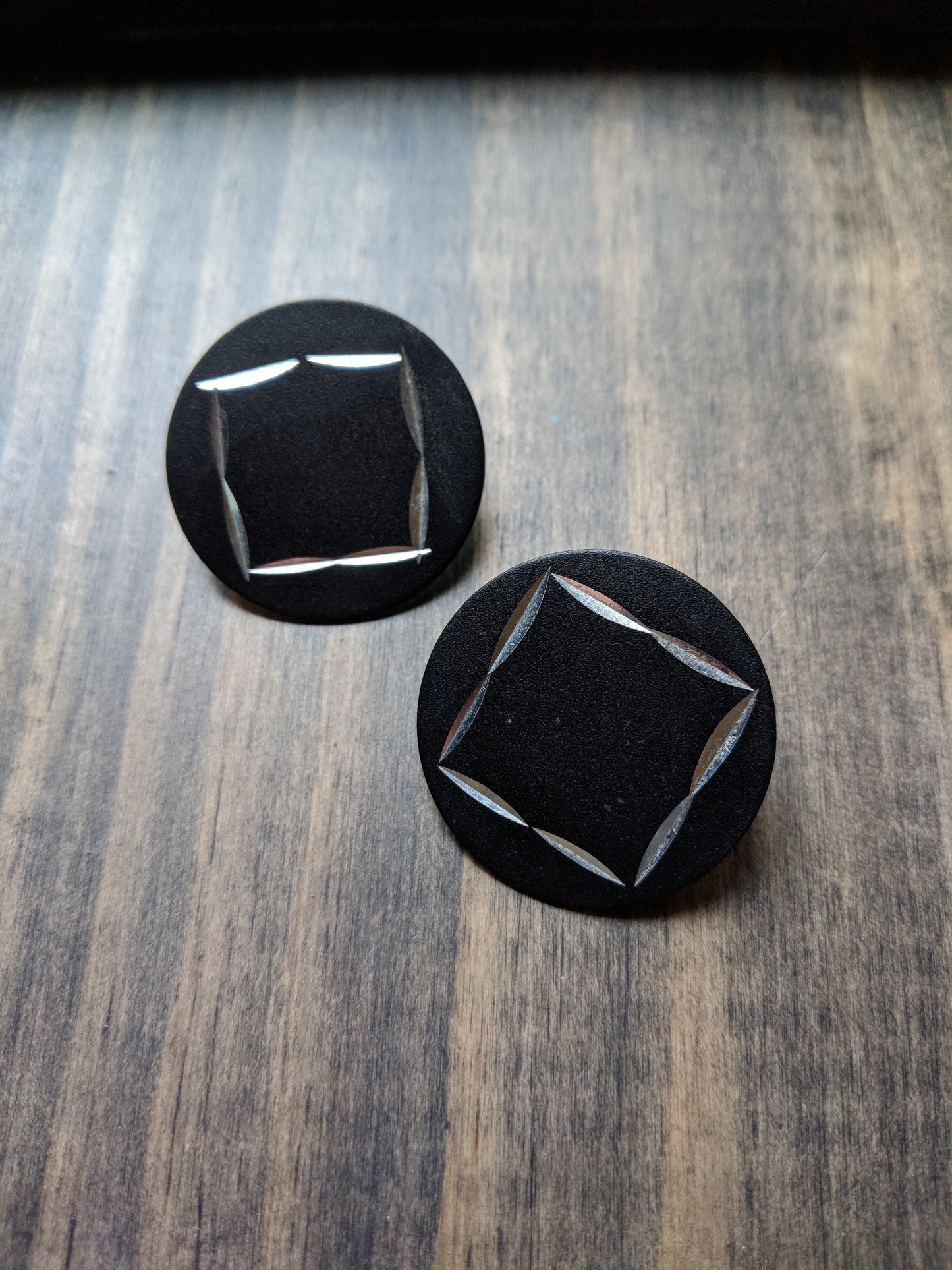 Round Black Silver Cut Earrings